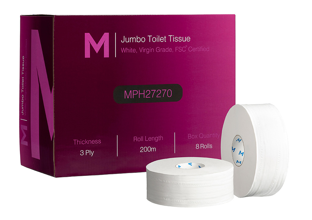 Virgin Jumbo Toilet Tissue Boxed - White, 3 Ply, 200m, FSC® Mix (Box of 8 Rolls)