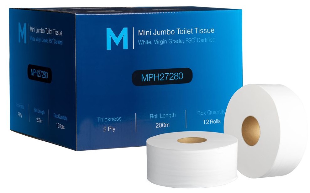 Virgin Mini Jumbo Toilet Tissue Boxed - White, 2 Ply, 200m, FSC® Mix (Box of 12 Rolls)