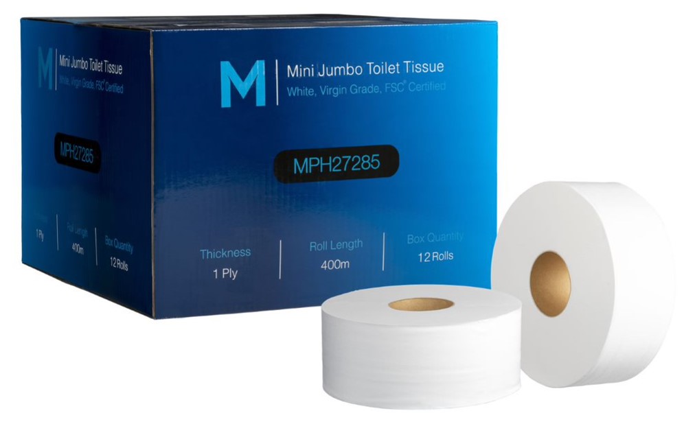[MPH27285] Virgin Mini Jumbo Toilet Tissue Boxed - White, 1 Ply, 400m, FSC® Mix (Box of 12 Rolls)