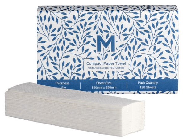 Compact Paper Towel - White, 1 Ply, 190mm x 250mm, FSC® Mix (Box of 2400 Sheets)