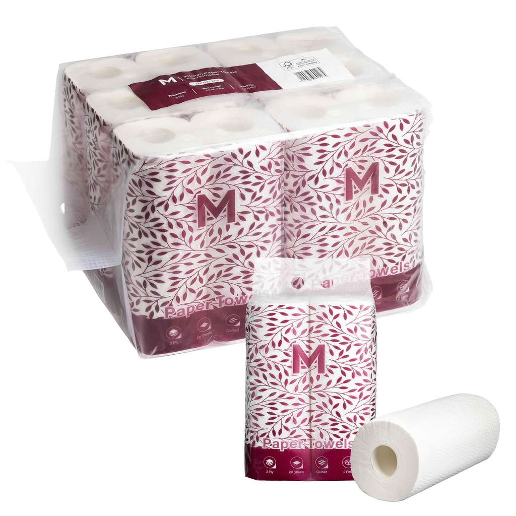 Kitchen Paper Towels - White, 272mm x 226mm, 3 Ply, 60 Sheets, FSC® Mix *Perforated (Box of 12 Rolls)