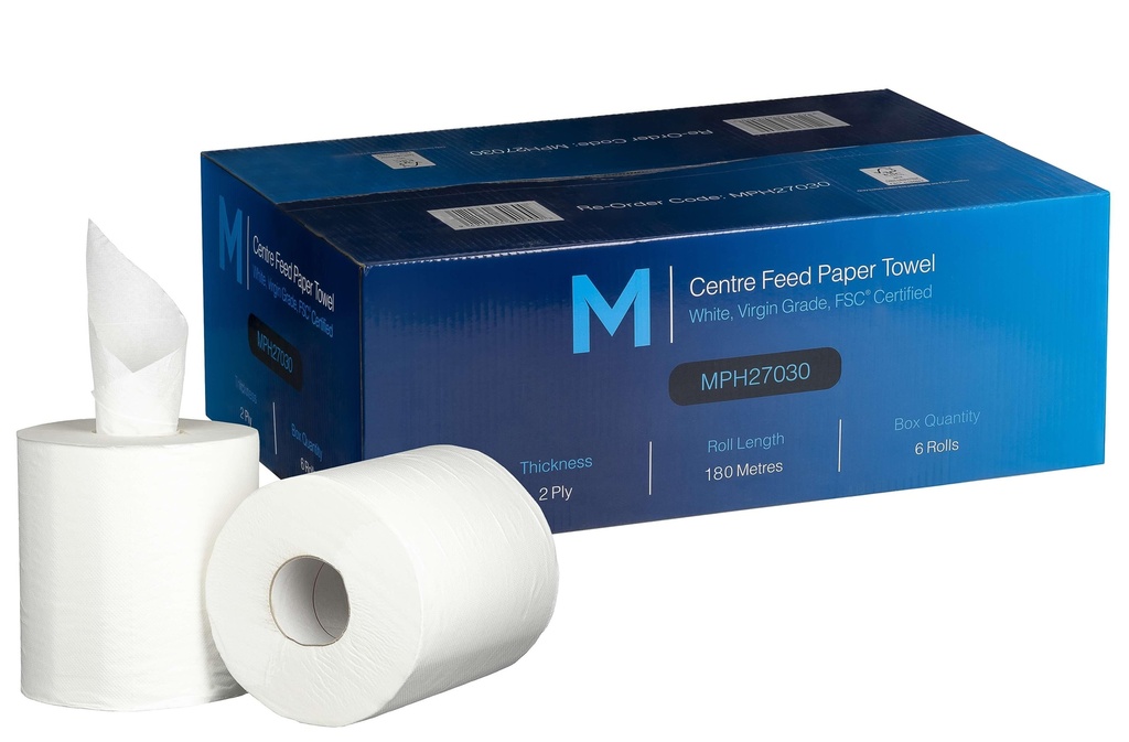 Centre Feed Paper Towel - White, 210mm x 180m, 2 Ply, 40gsm, FSC® Mix *Perforated (Box of 6 Rolls)