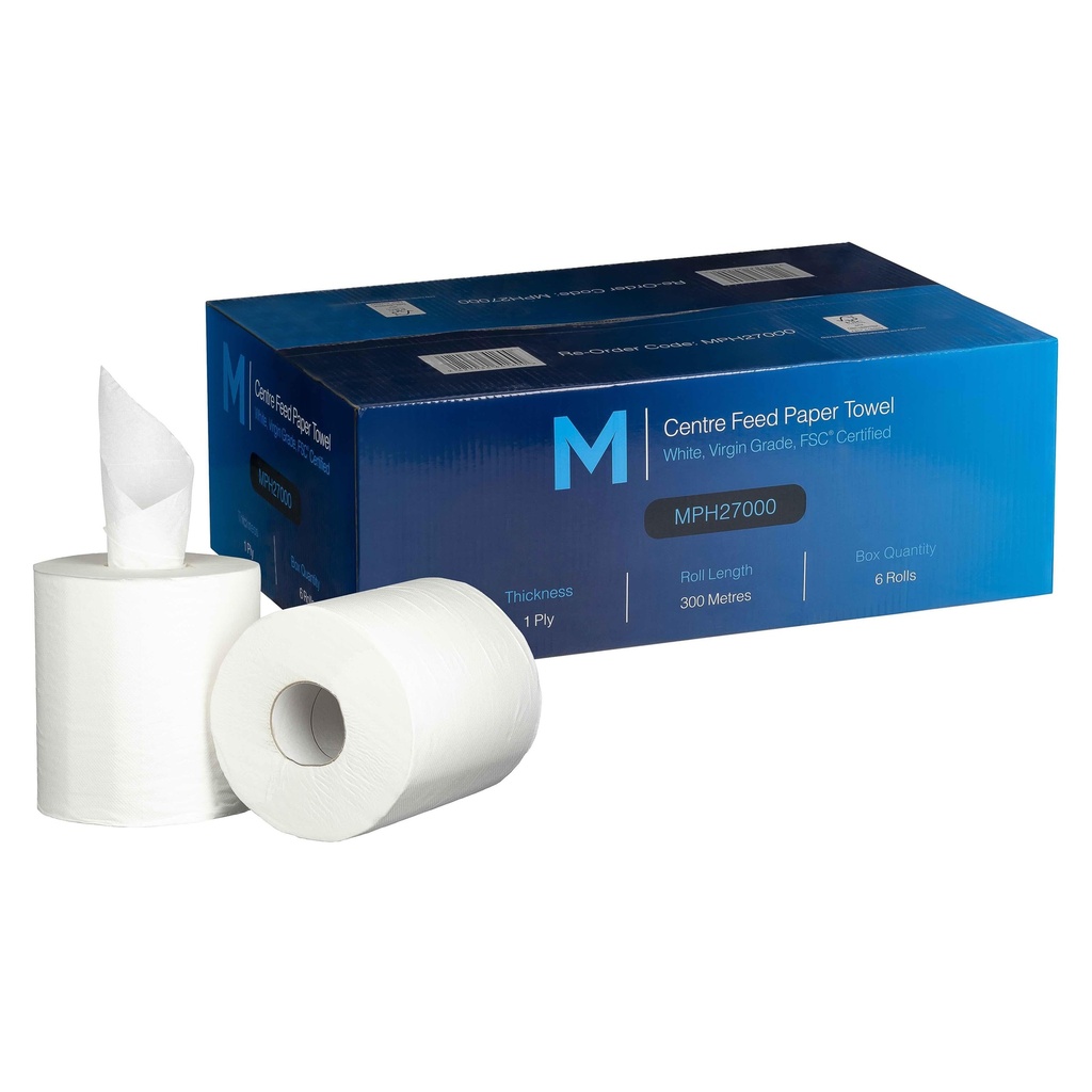 [MPH27000] Centre Feed Paper Towel - White, 210mm x 300m, 1 Ply, 25gsm, FSC® Mix *Perforated (Box of 6 Rolls)
