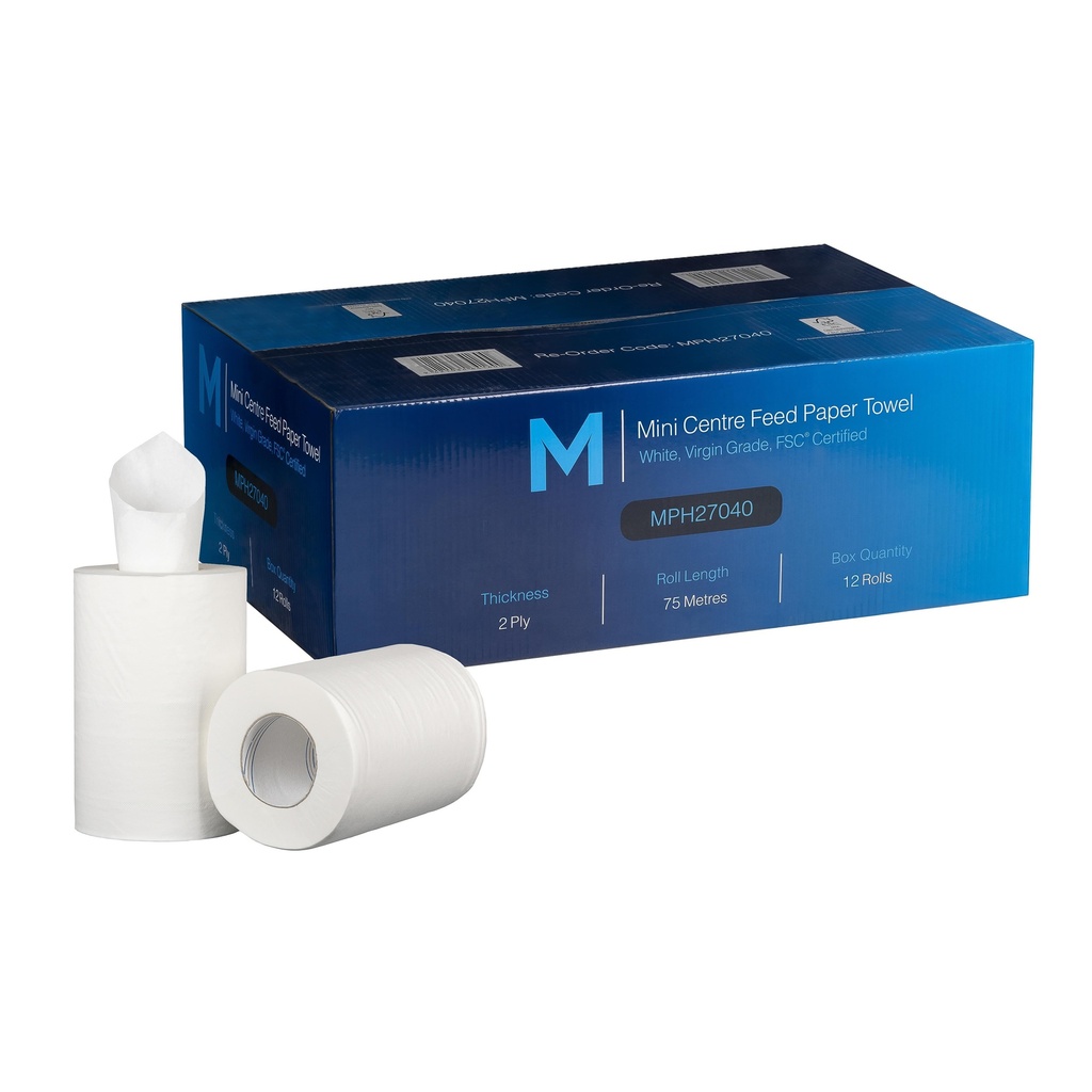 Mini Centre Feed Paper Towel - White, 210mm x 75m, 2 Ply, 40gsm, FSC® Mix *Perforated (Box of 12 Rolls)
