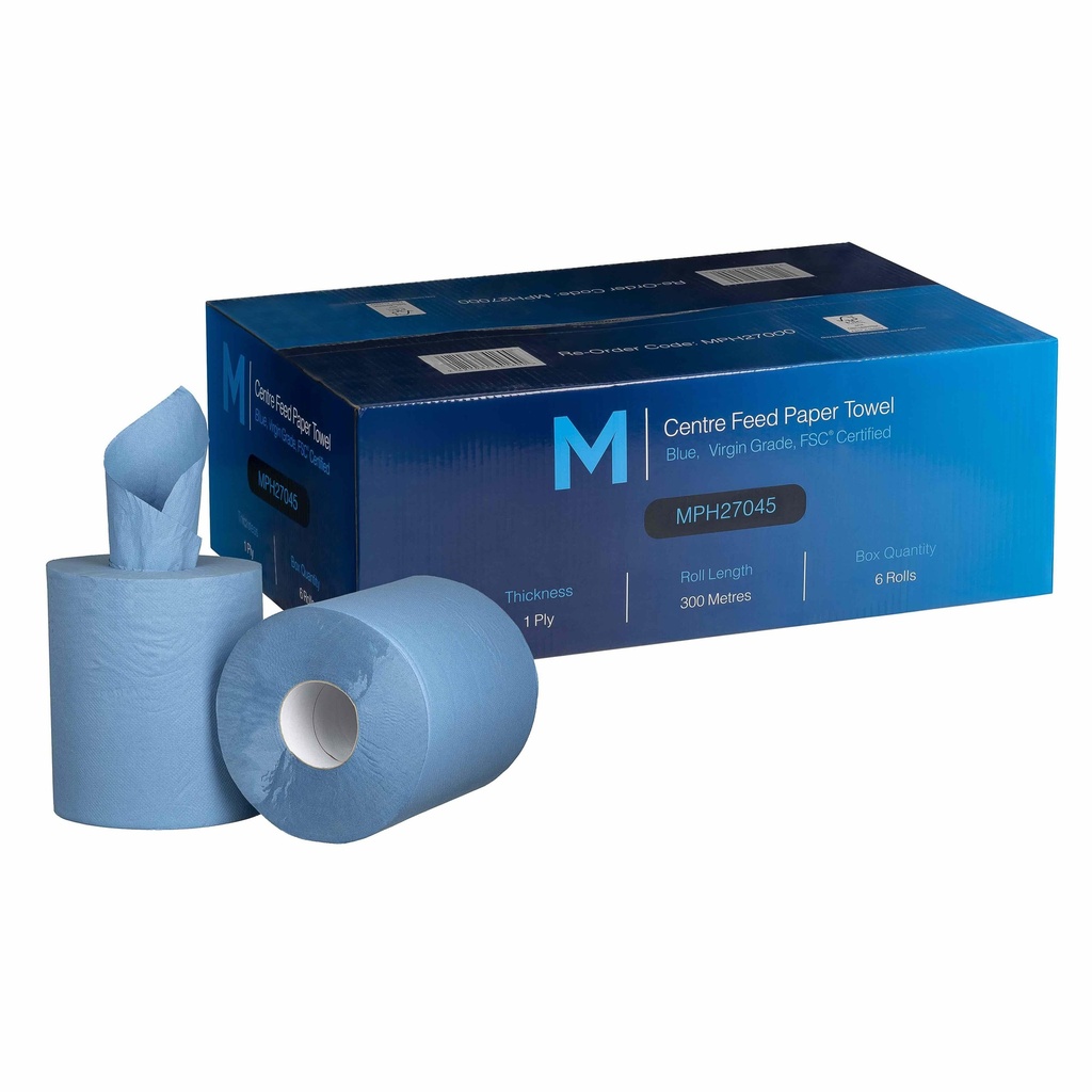 Centre Feed Paper Towel - Blue, 210mm x 300m, 1 Ply, 25gsm, FSC® Mix *Perforated (Box of 6 Rolls)
