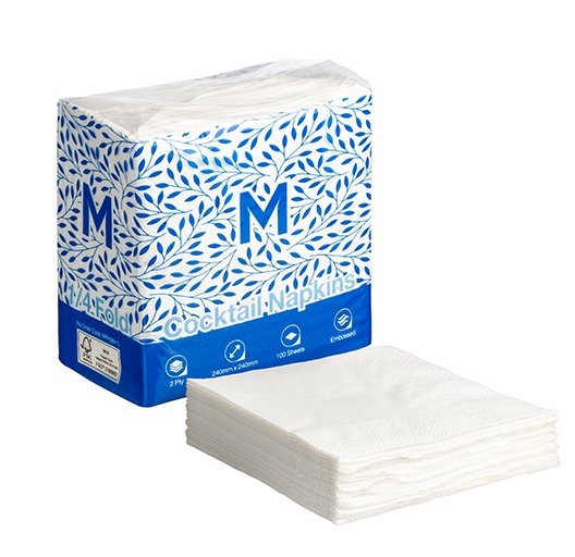 Embossed Cocktail Napkins 1/4 Fold - White, 240mm x 240mm, 2 Ply, FSC® Mix (Box of 2000 Napkins)