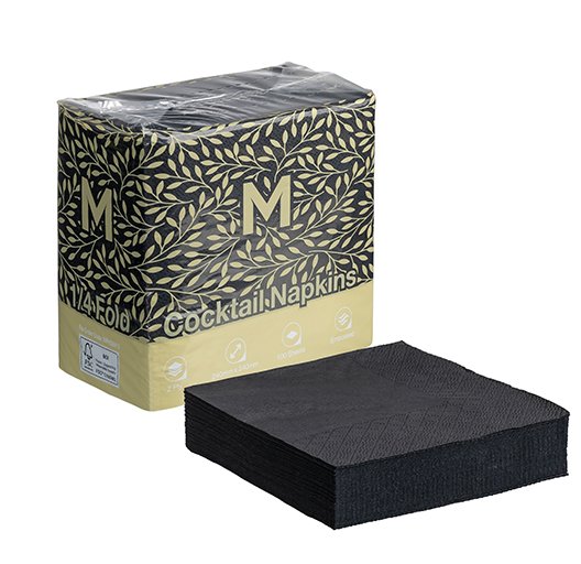 Embossed Cocktail Napkins 1/4 Fold - Black, 240mm x 240mm, 2 Ply, FSC® Mix (Box of 2000 Napkins)