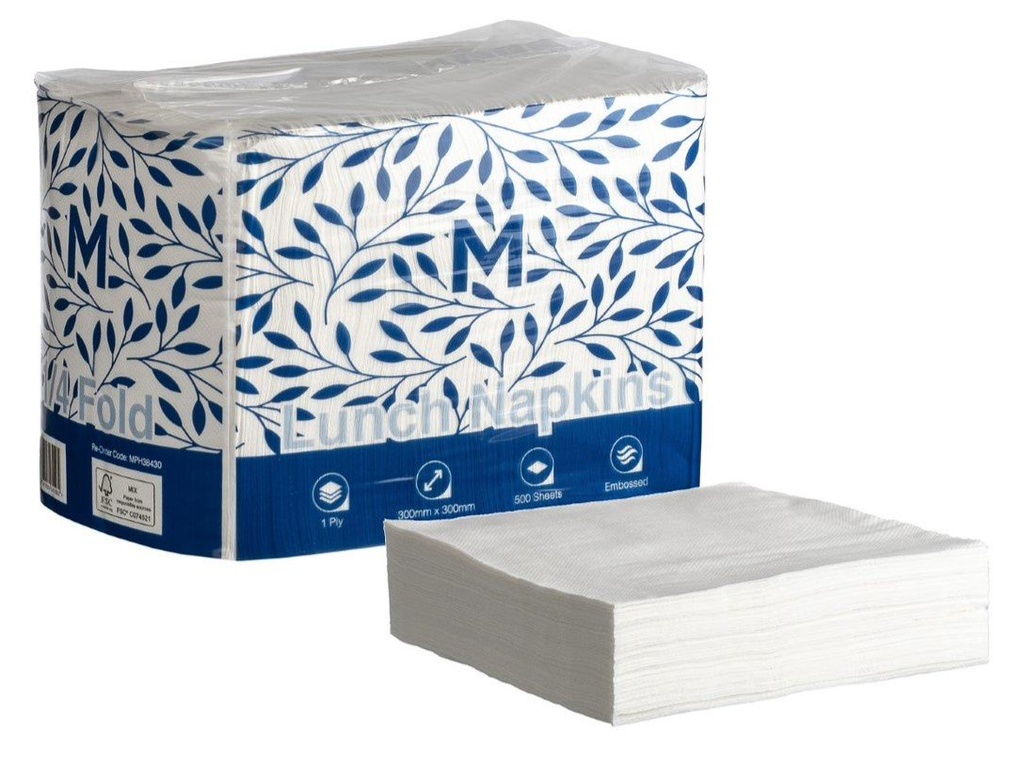 [MPH38430] Embossed Lunch Napkins 1/4 Fold - White, 300mm x 300mm, 1 Ply, FSC® Mix (Box of 3000 Napkins)