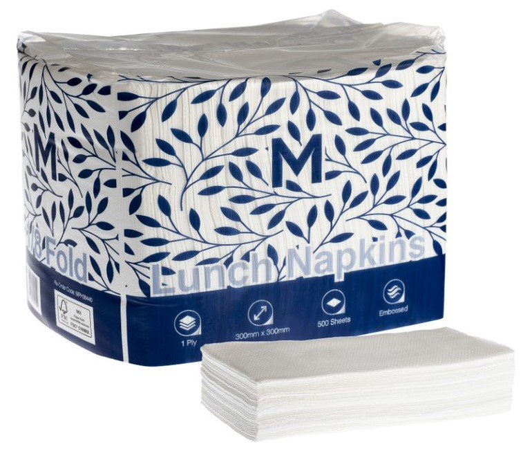 Embossed Lunch Napkins 1/8 Fold - White, 300mm x 300mm, 1 Ply, FSC® Mix (Box of 3000 Napkins)