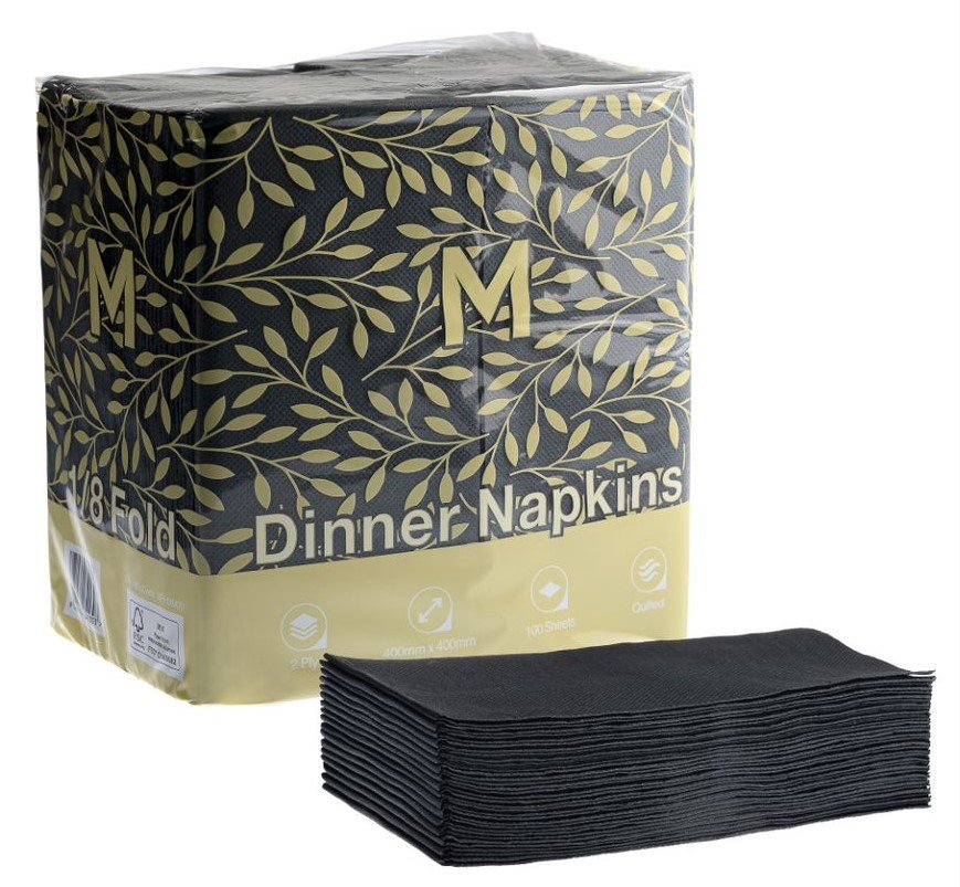 Quilted Dinner Napkins 1/8 Fold - Black, 400mm x 400mm, 2 Ply, FSC® Mix (Box of 800 Napkins)