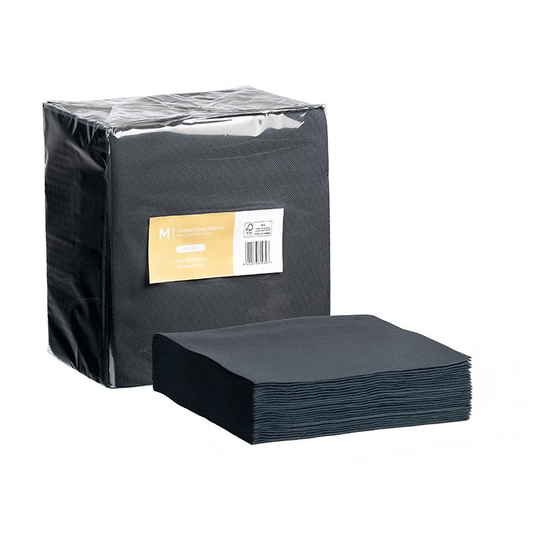 Quilted Dinner Napkins 1/4 Fold - Black, 400mm x 400mm, 2 Ply, FSC® Mix (Box of 800 Napkins)