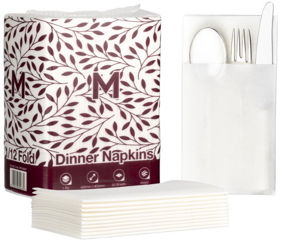 [MPH38487] Airlaid Dinner Napkins Pocket Fold - White, 420mm x 400mm, 1 Ply, FSC® Mix (Box of 500 Napkins)