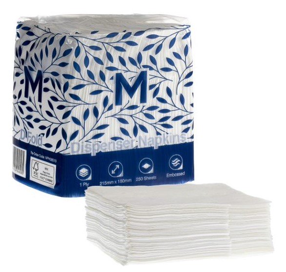Embossed Compact Dispenser Napkins D Fold - White, 180mm x 215mm, 1 Ply, FSC® Mix (Box of 5000 Napkins)