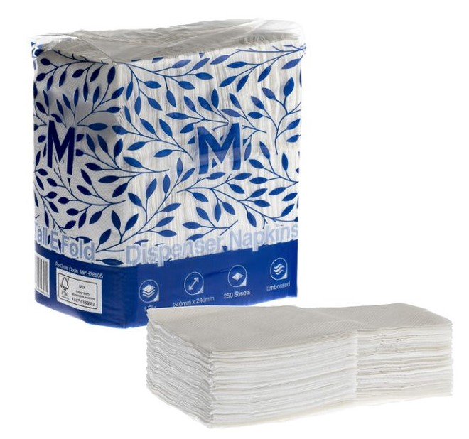 Embossed Compact Dispenser Napkins Tall E Fold - White, 240mm x 240mm, 1 Ply, FSC® Mix (Box of 5000 Napkins)