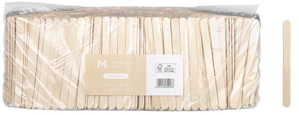 [MPH16400] Wooden Beverage Stirrer Sticks - Natural, 10mm x 114mm Long, FSC® 100% (Box)