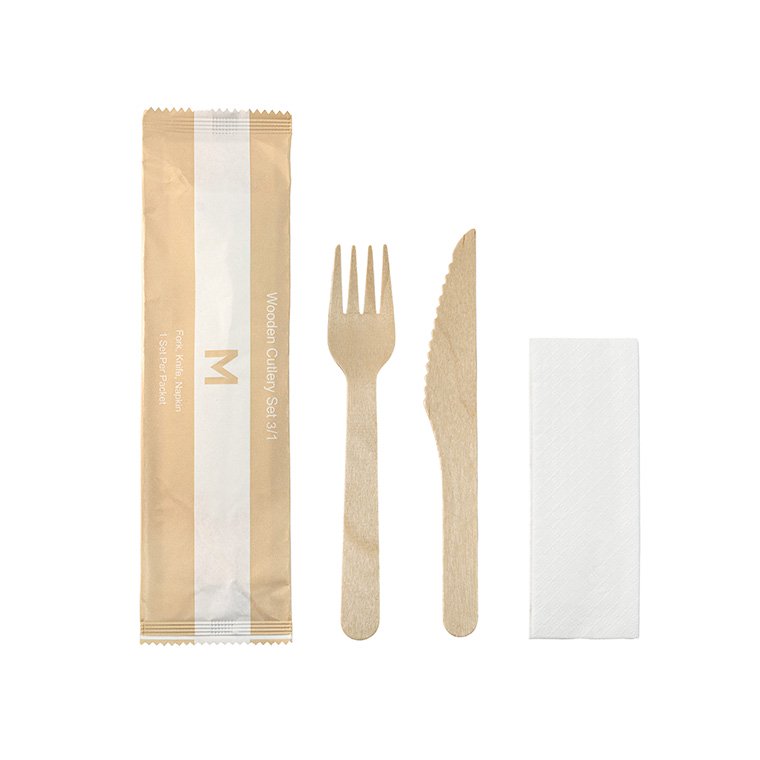 Wooden Cutlery Set 3/1 - Natural, Fork/Knife/Napkin, FSC® 100% (Box of 400 Sets)