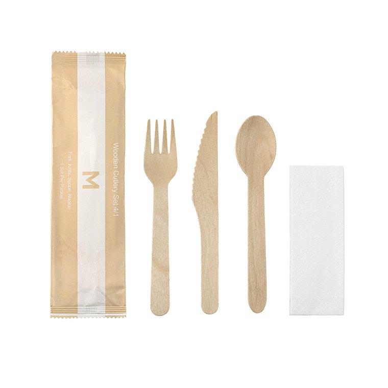 Wooden Cutlery Set 4/1 - Natural, Fork/Knife/Spoon/Napkin, FSC® 100% (Box of 400 Sets)