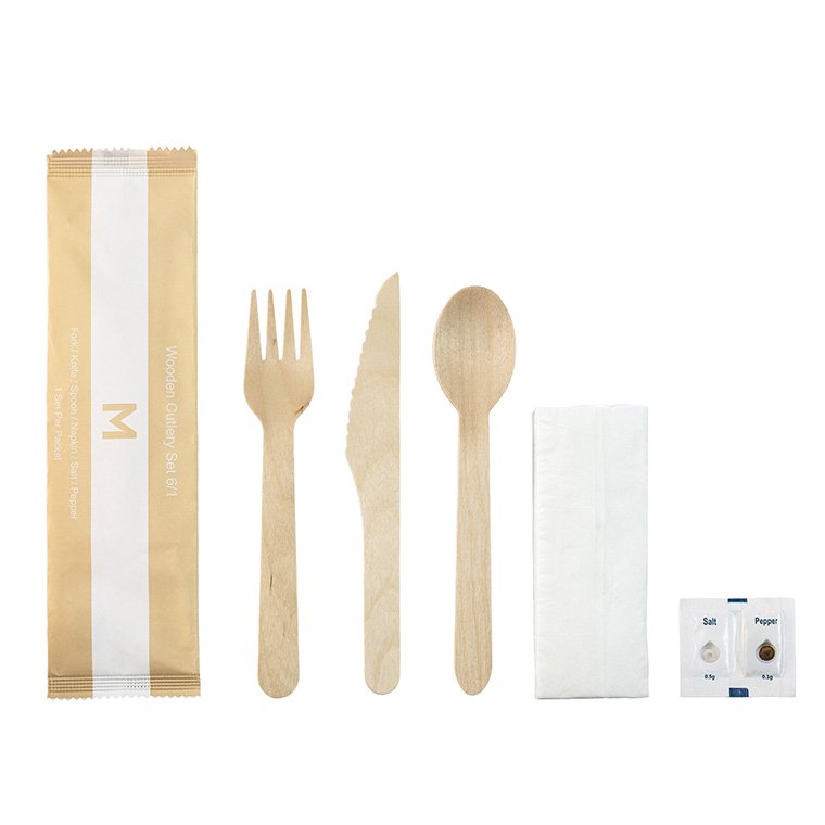 Wooden Cutlery Set 6/1 - Natural, Fork/Knife/Spoon/Napkin/Salt/Pepper, FSC® 100% (Box of 400 Sets)