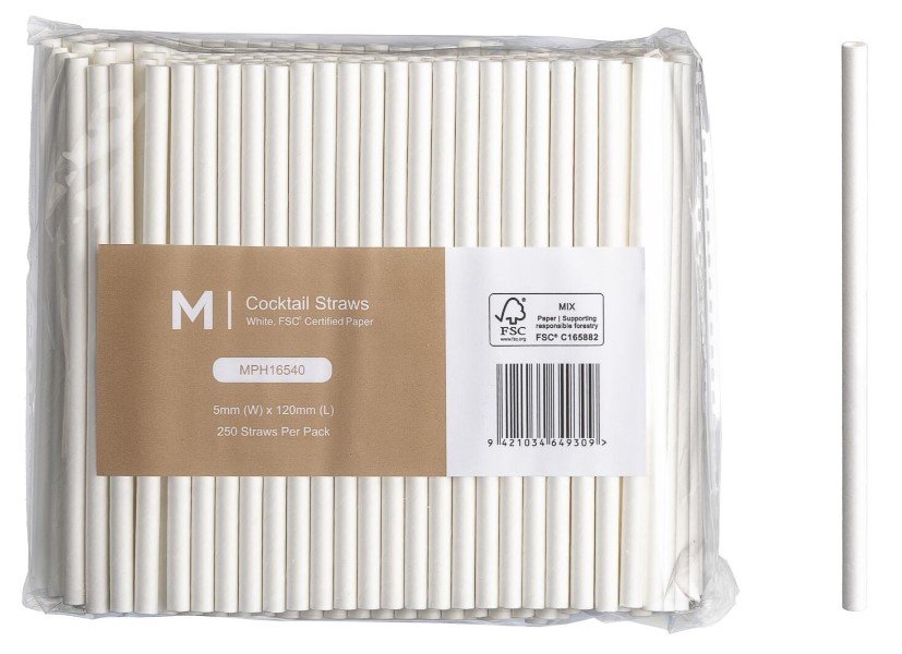 Paper Cocktail Straight Straws - White, 5mm x 120mm, 300gsm, FSC® Mix (Box of 2500 Straws)