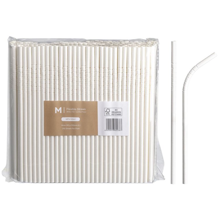 Paper Regular Flexible Straws - White, 6mm x 200mm, 300gsm, FSC® Mix (Box of 2500 Straws)