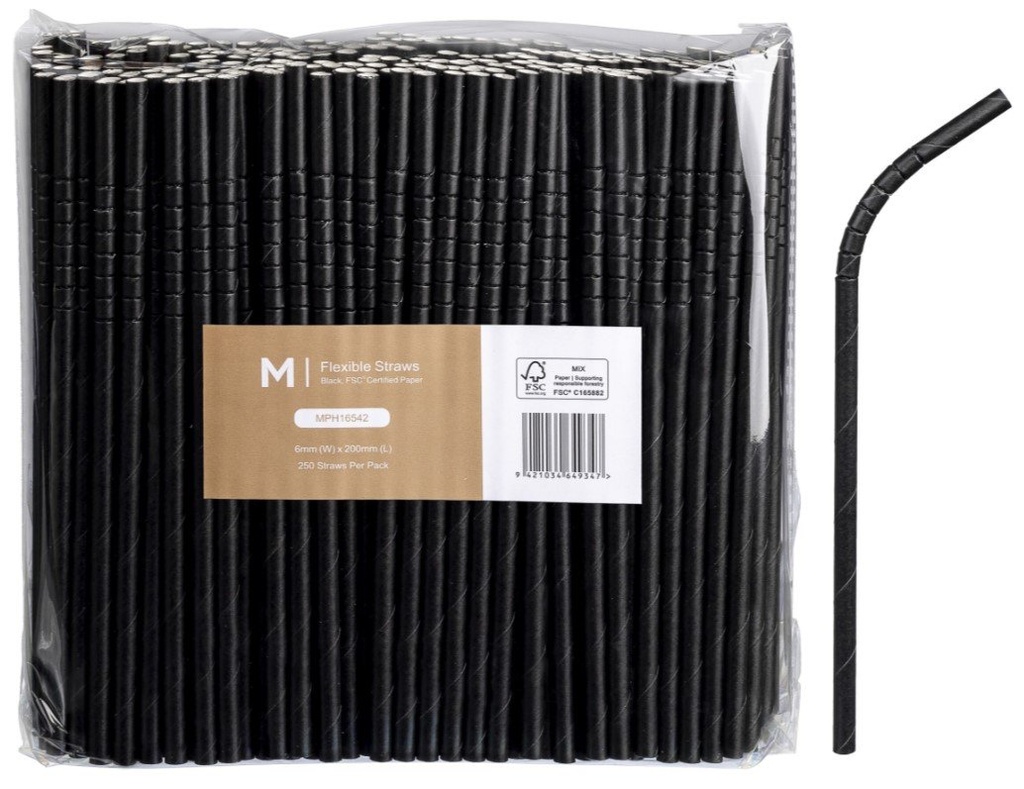[MPH16542] Paper Regular Flexible Straws - Black, 6mm x 200mm, 300gsm, FSC® Mix (Box of 2500 Straws)