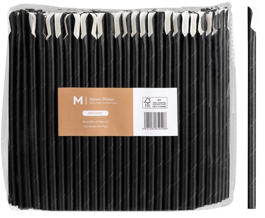 Paper Regular Spoon Straws - Black, 8mm x 210mm, 420gsm, FSC® Mix (Box of 2500 Straws)