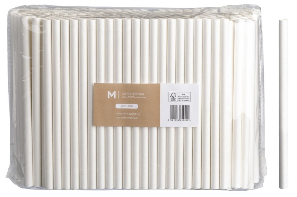 Paper Jumbo Straight Straws - White, 10mm x 200mm, 300gsm, FSC® Mix (Box of 2500 Straws)