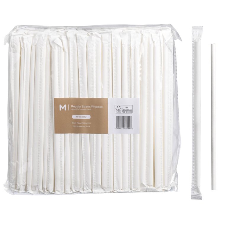 Paper Regular Straws Wrapped - White, 6mm x 200mm, 300gsm, FSC® Mix (Box of 2500 Straws)