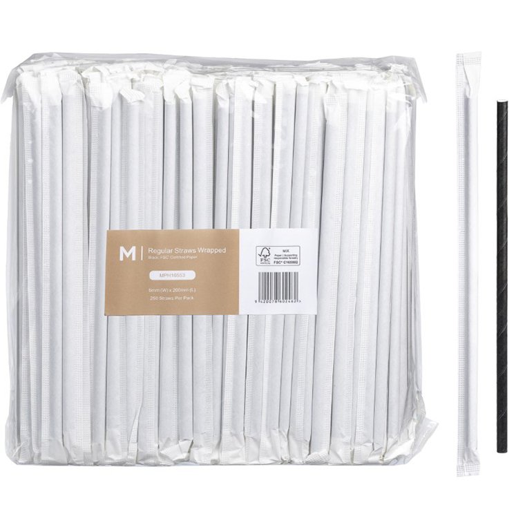 [MPH16553] Paper Regular Straws Wrapped - Black, 6mm x 200mm, 300gsm, FSC® Mix (Box of 2500 Straws)