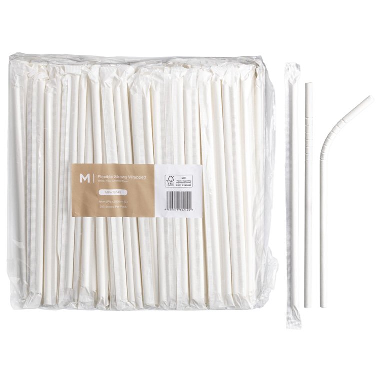 Paper Flexible Straws Wrapped - White, 6mm x 200mm, 300gsm, FSC® Mix (Box of 2500 Straws)