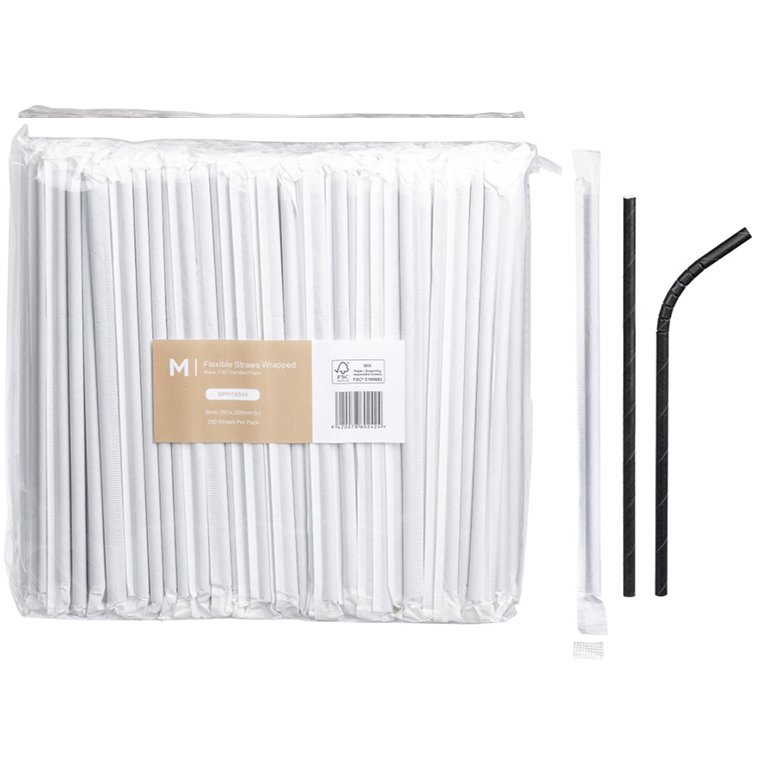 Paper Flexible Straws Wrapped - Black, 6mm x 200mm, 300gsm, FSC® Mix (Box of 2500 Straws)