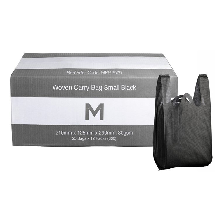 Woven Carry Bag Small - Black, 210mm x 125mm x 290mm, 30gsm (Box of 300 Bags)