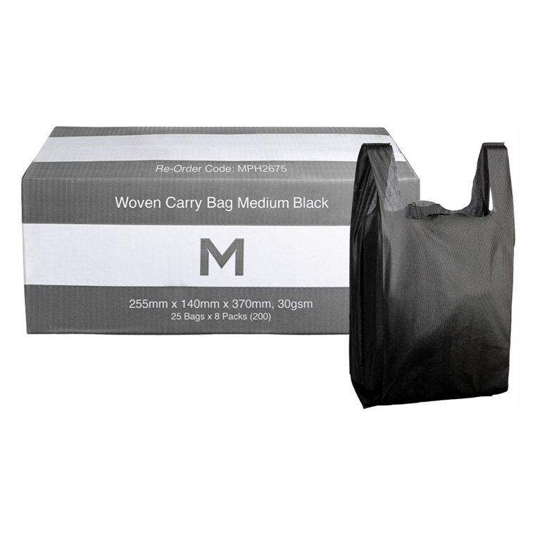 Woven Carry Bag Medium - Black, 255mm x 140mm x 370mm, 30gsm (Box of 200 Bags)