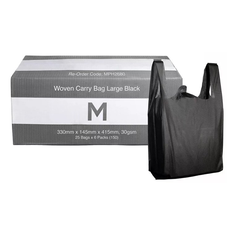 [MPH2680] Woven Carry Bag Large - Black, 330mm x 145mm x 415mm, 30gsm (Box of 150 Bags)