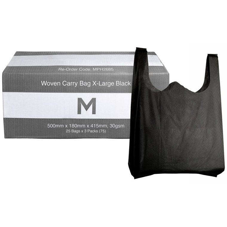Woven Carry Bag X-Large - Black, 500mm x 180mm x 415mm, 30gsm (Box of 75 Bags)