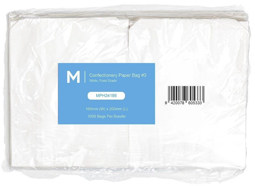 Confectionery Paper Bag Flat #3 - White, 160mm x 200mm, 35gsm (Pack of 1000 Bags)