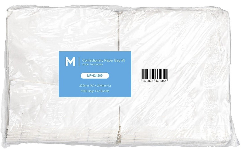 Confectionery Paper Bag Flat #5 - White, 200mm x 240mm, 35gsm (Pack of 1000 Bags)