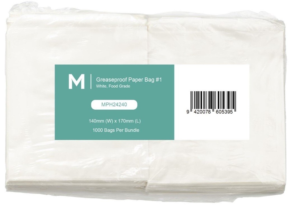 Greaseproof Paper Bags #1 - White, 140mm x 170mm, 40gsm, KIT 7 (Pack of 1000 Bags)