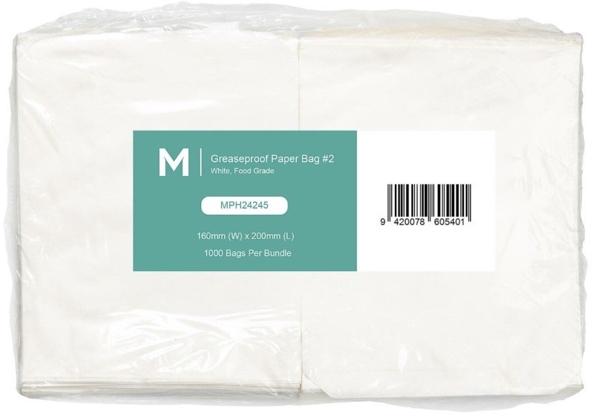 Greaseproof Paper Bags #2 - White, 160mm x 200mm, 40gsm, KIT 7 (Pack of 1000 Bags)