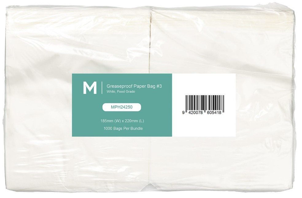 [MPH24250] Greaseproof Paper Bags #3 - White, 185mm x 220mm, 40gsm, KIT 7 (Pack of 1000 Bags)