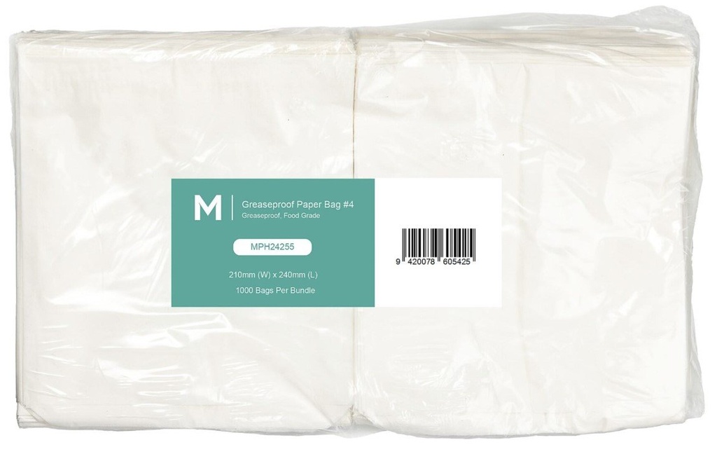 Greaseproof Paper Bags #4 - White, 210mm x 240mm, 40gsm, KIT 7 (Pack of 1000 Bags)