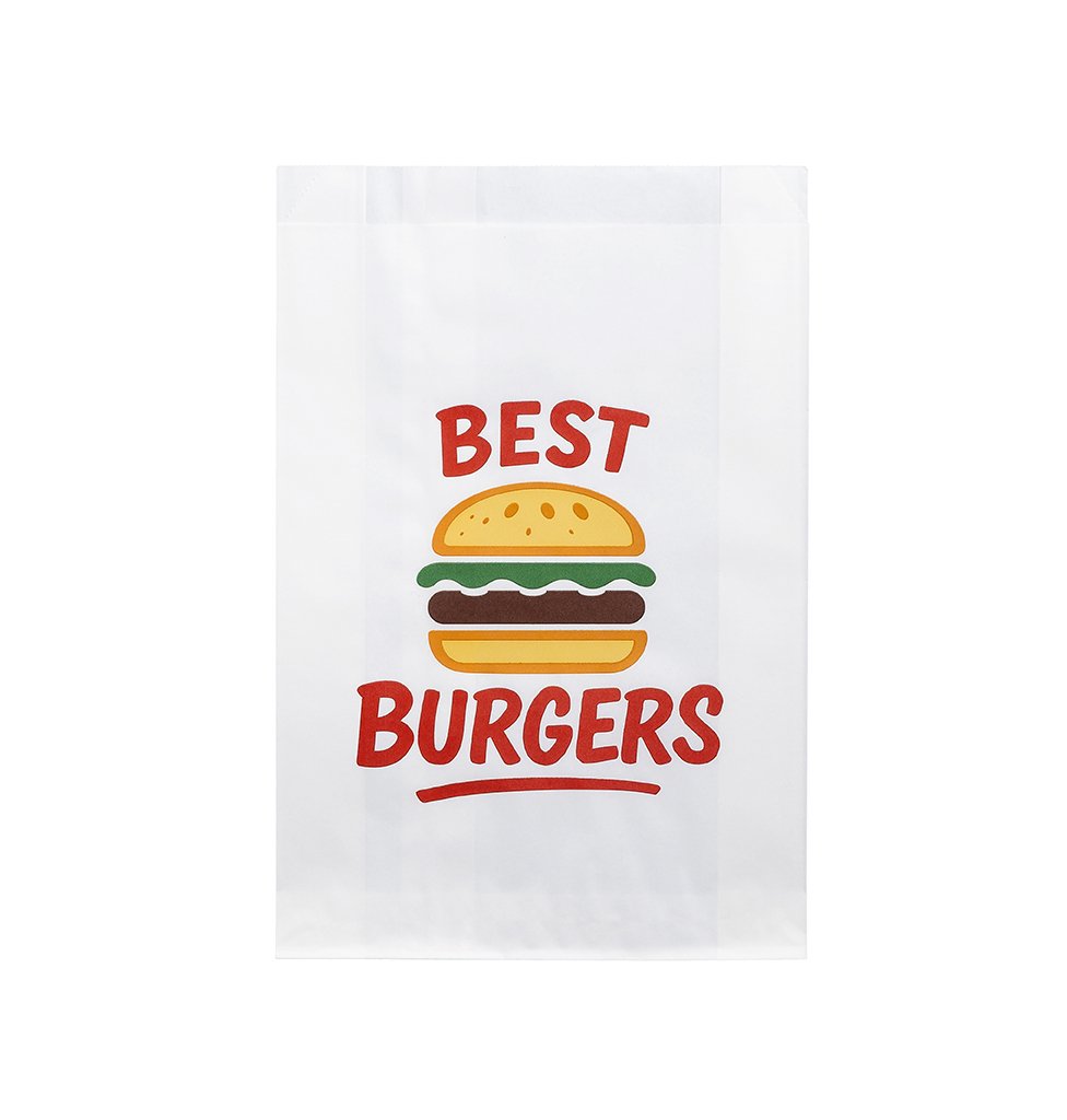 Paper Printed Burger Bag - White, 165mm x 55mm x 245mm, 40gsm, KIT 7 (Box of 1000 Bags)