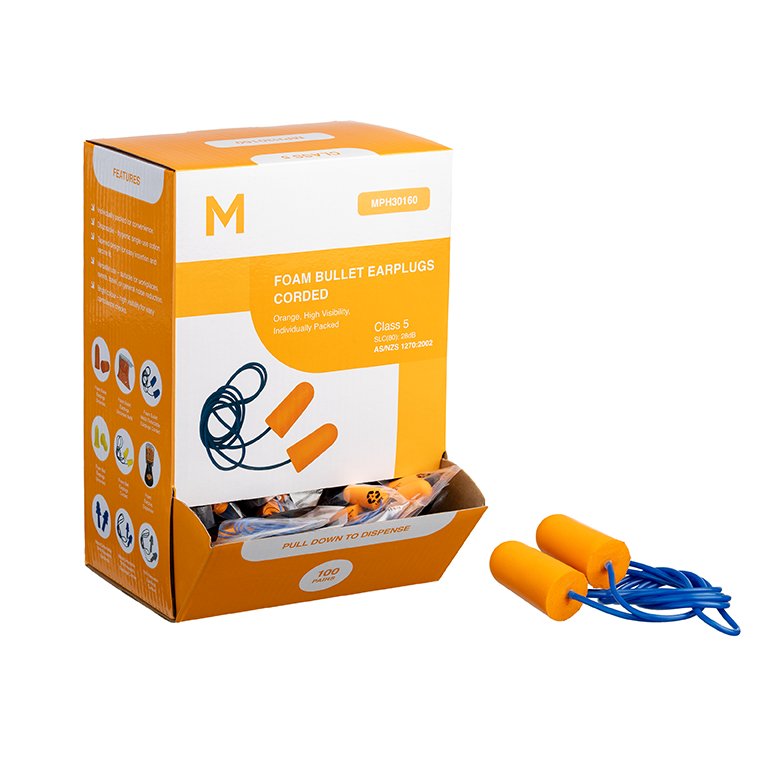 Foam Bullet Earplugs Corded - Orange, 28.0dB Rated (Pack of 100 Pairs)