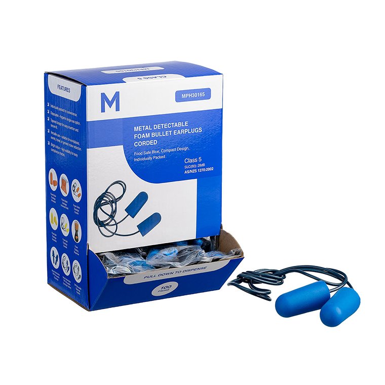 Foam Bullet Metal Detectable Earplugs Corded - Blue, 28.0dB Rated *Full Detectable (Pack of 100 Pairs)