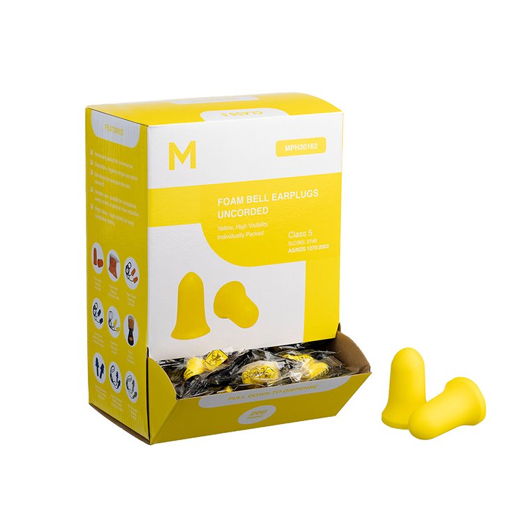 Foam Bell Earplugs Uncorded - Yellow, 27.0dB Rated (Pack of 200 Pairs)