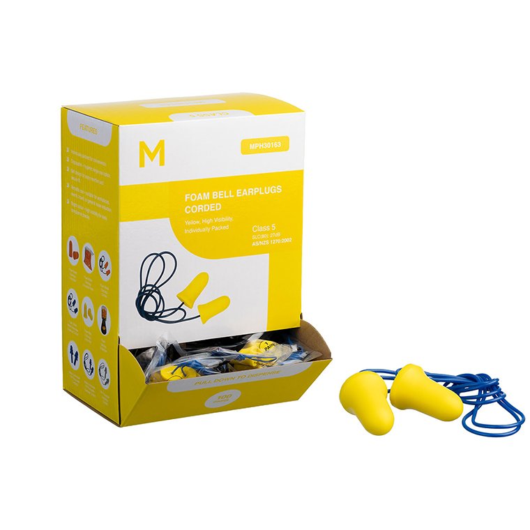 Foam Bell Earplugs Corded - Yellow, 27.0dB Rated (Pack of 100 Pairs)