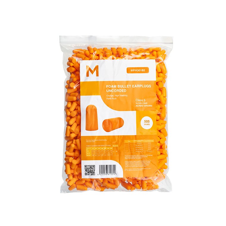 Foam Bullet Earplugs Uncorded Refill Pack - Orange, 28.0dB Rated (Pack of 500 Pairs)