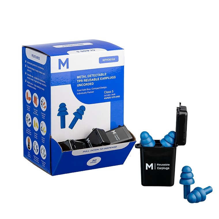 [MPH30184] TPR Reusable Earplugs Metal Detectable Uncorded - Blue, 28.0dB Rated (Pack of 50 Pairs)