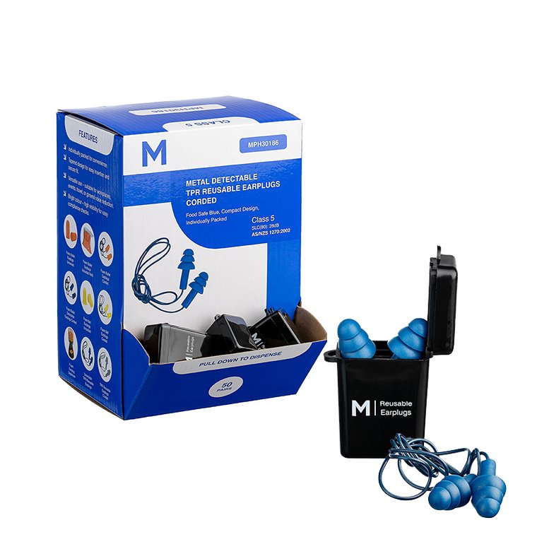TPR Reusable Earplugs Metal Detectable Corded - Blue, 28.0dB Rated (Pack of 50 Pairs)