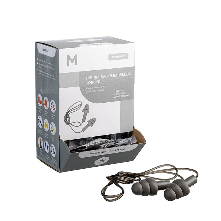 [MPH30187] TPR Reusable Earplugs Corded - Silver, 28.0dB Rated (Pack of 100 Pairs)
